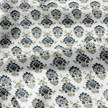 100% LINEN Fabric block print green petrol on white - floral print heavy linen fabric for upholstery home decor 2010
