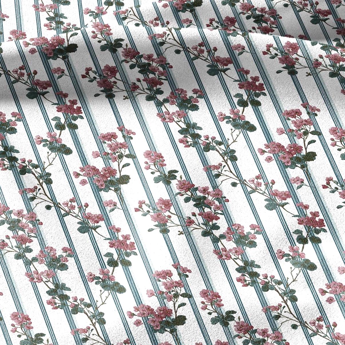 100% linen fabric floral stripe print - Vintage botanical - Historical pattern upholstery dress making 3350