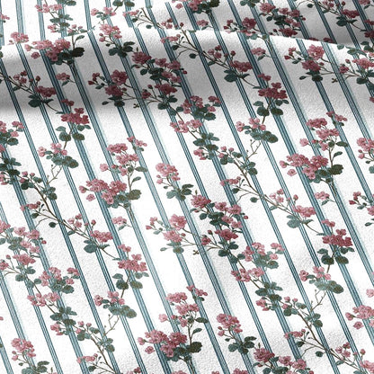 100% linen fabric floral stripe print - Vintage botanical - Historical pattern upholstery dress making 3350