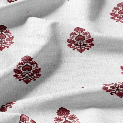 100% LINEN Fabric Block Pandanus flower print  red - floral upholstery home textile artisan fabrics green white 3046