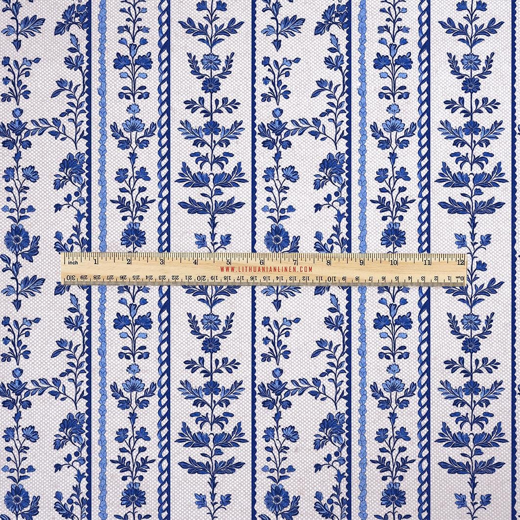 100% LINEN Fabric UPHOLSTERY 12oz - preppy floral blue stripe print on linen - Modern vintage Victorian coastal marine upholstery 369