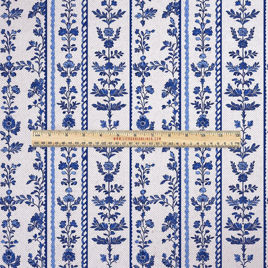 100% LINEN Fabric UPHOLSTERY 12oz - preppy floral blue stripe print on linen - Modern vintage Victorian coastal marine upholstery 369