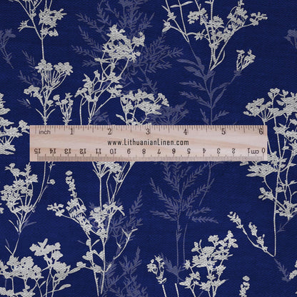 100% LINEN Fabric - Anna Atkins Cyanotype blue flowers print oatmeal linen - indigo blue upholstery heavy - medium weight dress making 2696