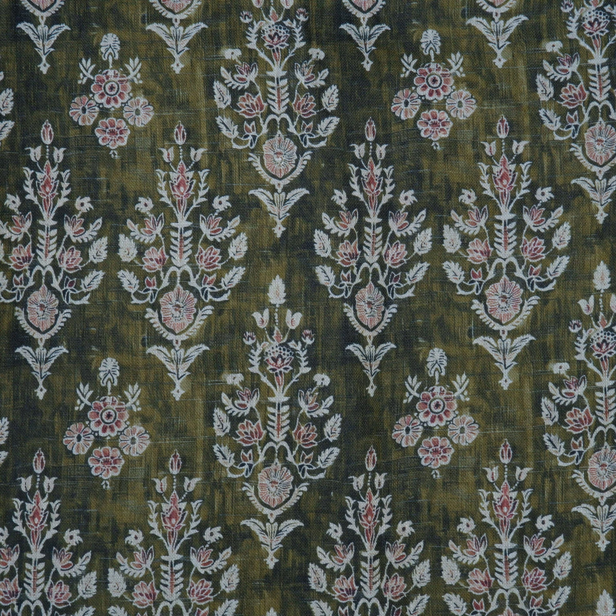 100% LINEN Fabric block print indian khaki green 3659 -  oatmeal linen fabric with green floral print decor