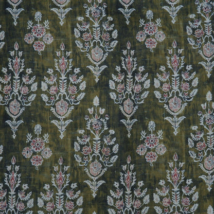 100% LINEN Fabric block print indian khaki green 3659 -  oatmeal linen fabric with green floral print decor