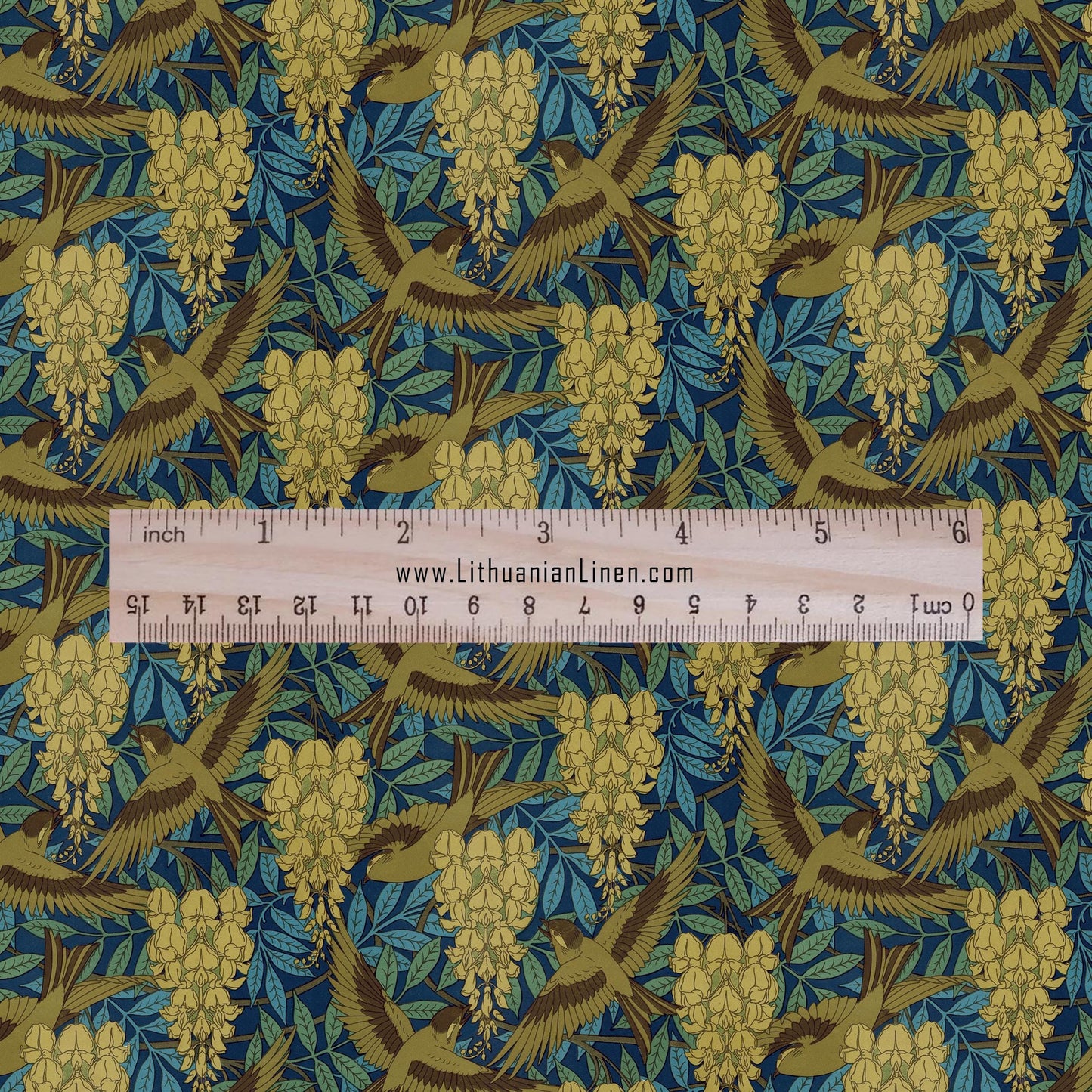 100% LINEN Fabric Dandelion flower print - Art Nouveau  Sparrows green yellow - heavy home decor light upholstery - medium dress sewing 2463