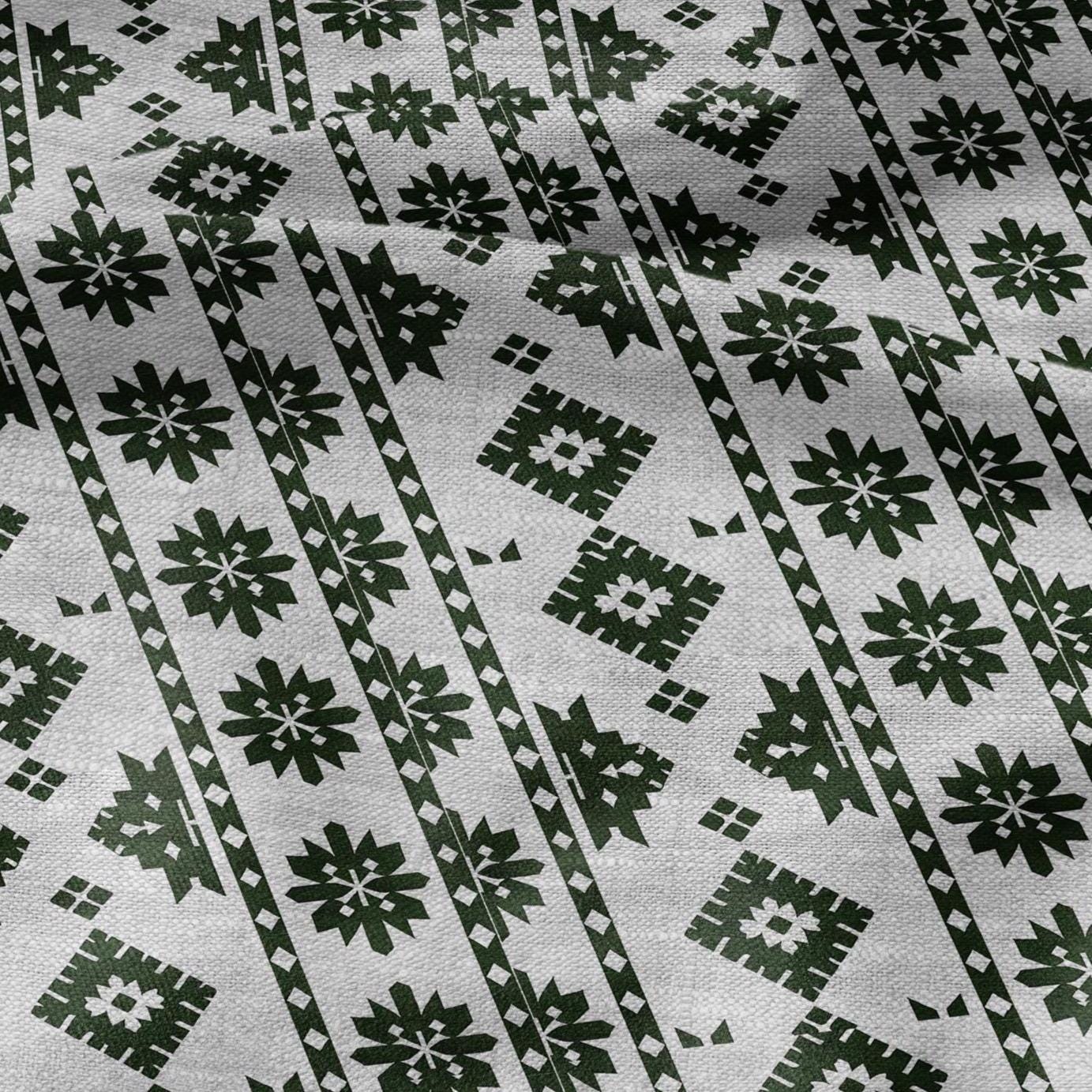 100% LINEN Fabric Ethno green stripes gray - geometric print on oatmeal linen for home decor sewign dress clothing 2822