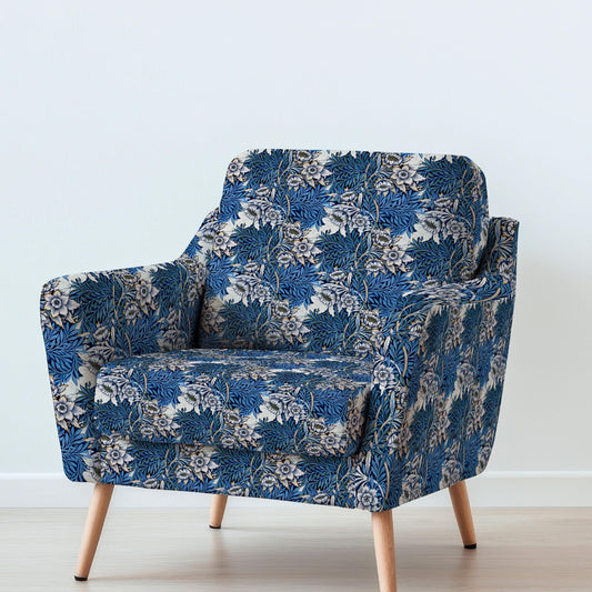 100% LINEN Fabric UPHOLSTERY 12oz - William Morris Blue tulips willow print on linen - Modern vintage Victorian historical pattern 2120