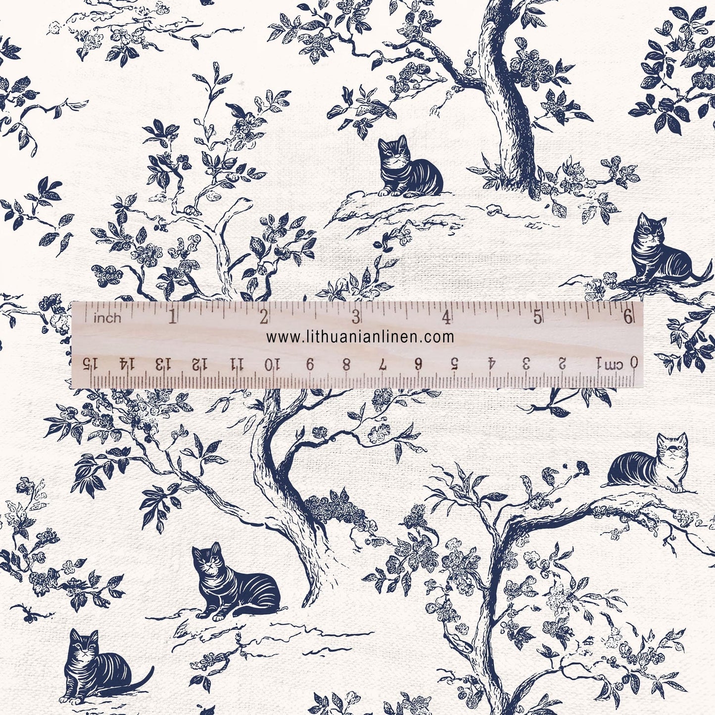 100% LINEN Fabric Toile de Jouy trees with cats - linen fabric with indigo blue print - French linen fabric upholstery dress making curtains
