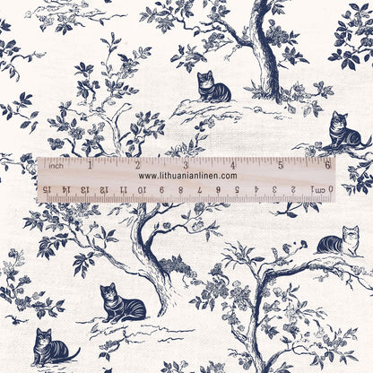 100% LINEN Fabric Toile de Jouy trees with cats - linen fabric with indigo blue print - French linen fabric upholstery dress making curtains