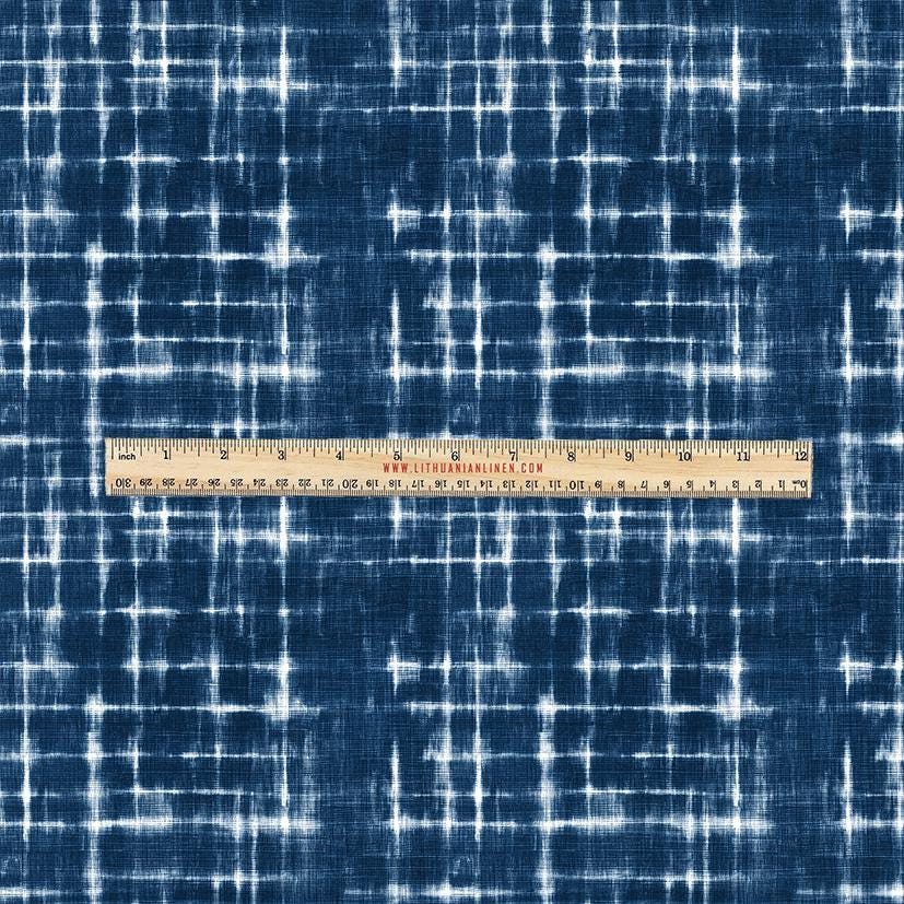 100% LINEN Fabric UPHOLSTERY 12oz - Indigo Shibori Checks - Modern Geometric Dark Blue Neutral Tiled Minimal upholstery 2970