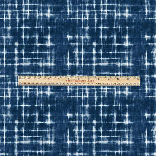 100% LINEN Fabric UPHOLSTERY 12oz - Indigo Shibori Checks - Modern Geometric Dark Blue Neutral Tiled Minimal upholstery 2970