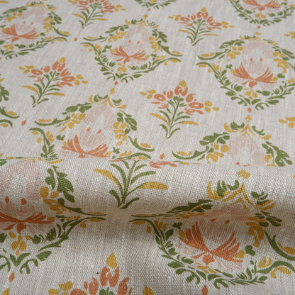 100% LINEN Fabric block print pastel green pink grey | oatmeal linen fabric with floral print | linen fabric for upholstery home decor