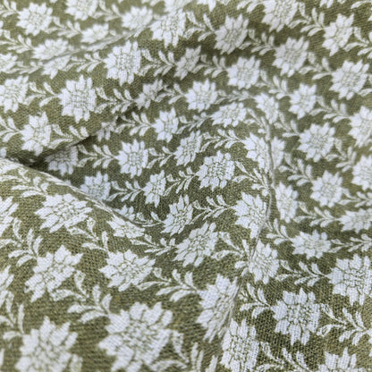 100% LINEN Fabric block print olive green on white - heavy linen fabric for upholstery home decor or medium for clothing 2512