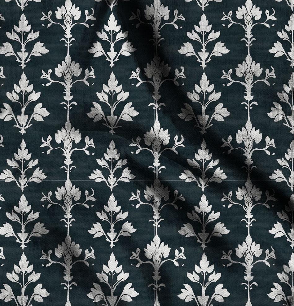100% LINEN Fabric block print in dark blue - linen fabric with block floral print - linen fabric upholstery home decor dressmaking