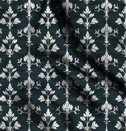 100% LINEN Fabric block print in dark blue - linen fabric with block floral print - linen fabric upholstery home decor dressmaking