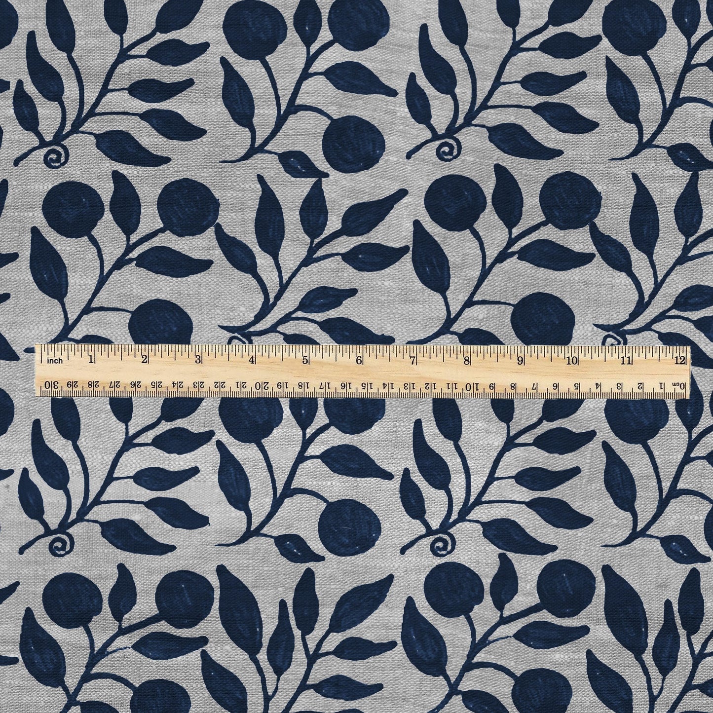 100% LINEN Fabric William Morris Rosehip navy blue gray - oatmeal linen fabric with botanical print - Victorian Art Craft Historical 3263