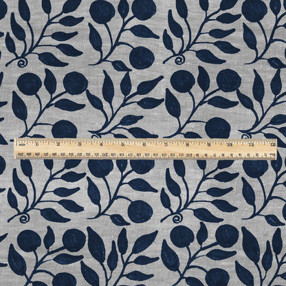 100% LINEN Fabric William Morris Rosehip navy blue gray - oatmeal linen fabric with botanical print - Victorian Art Craft Historical 3263