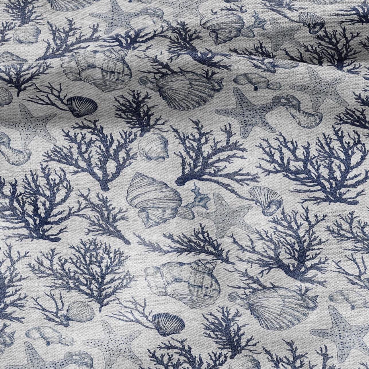 100% LINEN Fabric Shell & Corals print - nautical indigo blue print on oatmeal linen for home decor sewing dress clothing 2364