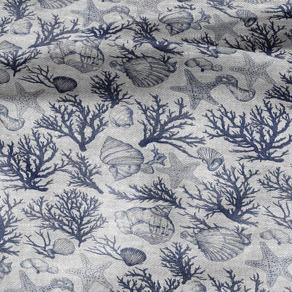 100% LINEN Fabric Shell & Corals print - nautical indigo blue print on oatmeal linen for home decor sewing dress clothing 2364