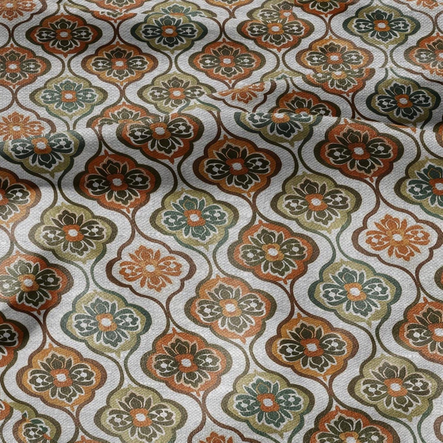 100% LINEN Fabric Retro orange green gray - floral print on oatmeal linen for home decor sewign dress clothing 2868