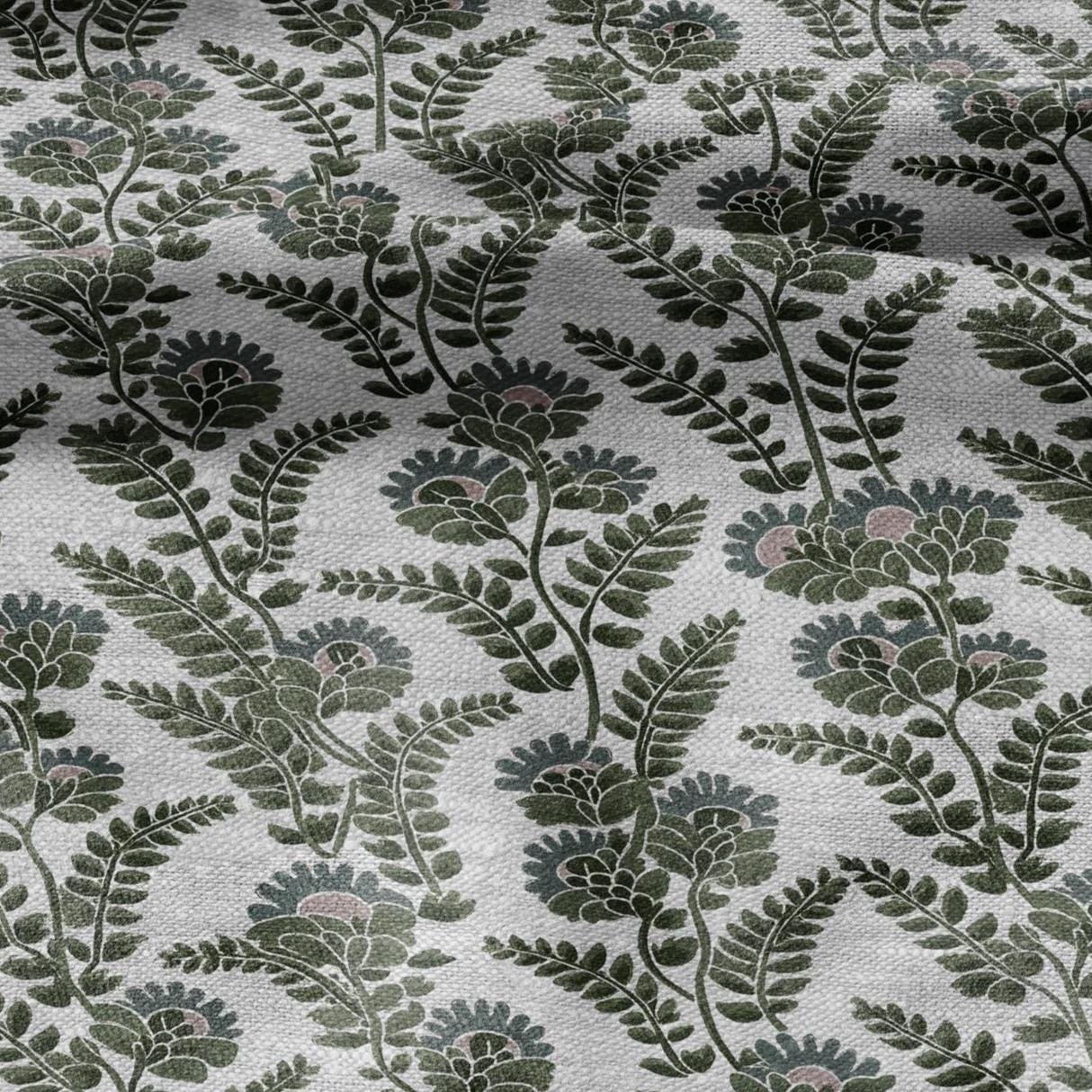 100% LINEN Fabric block print Green leaves flower - oatmeal linen fabric with floral print - heavy for upholstery home decor clothing 3110