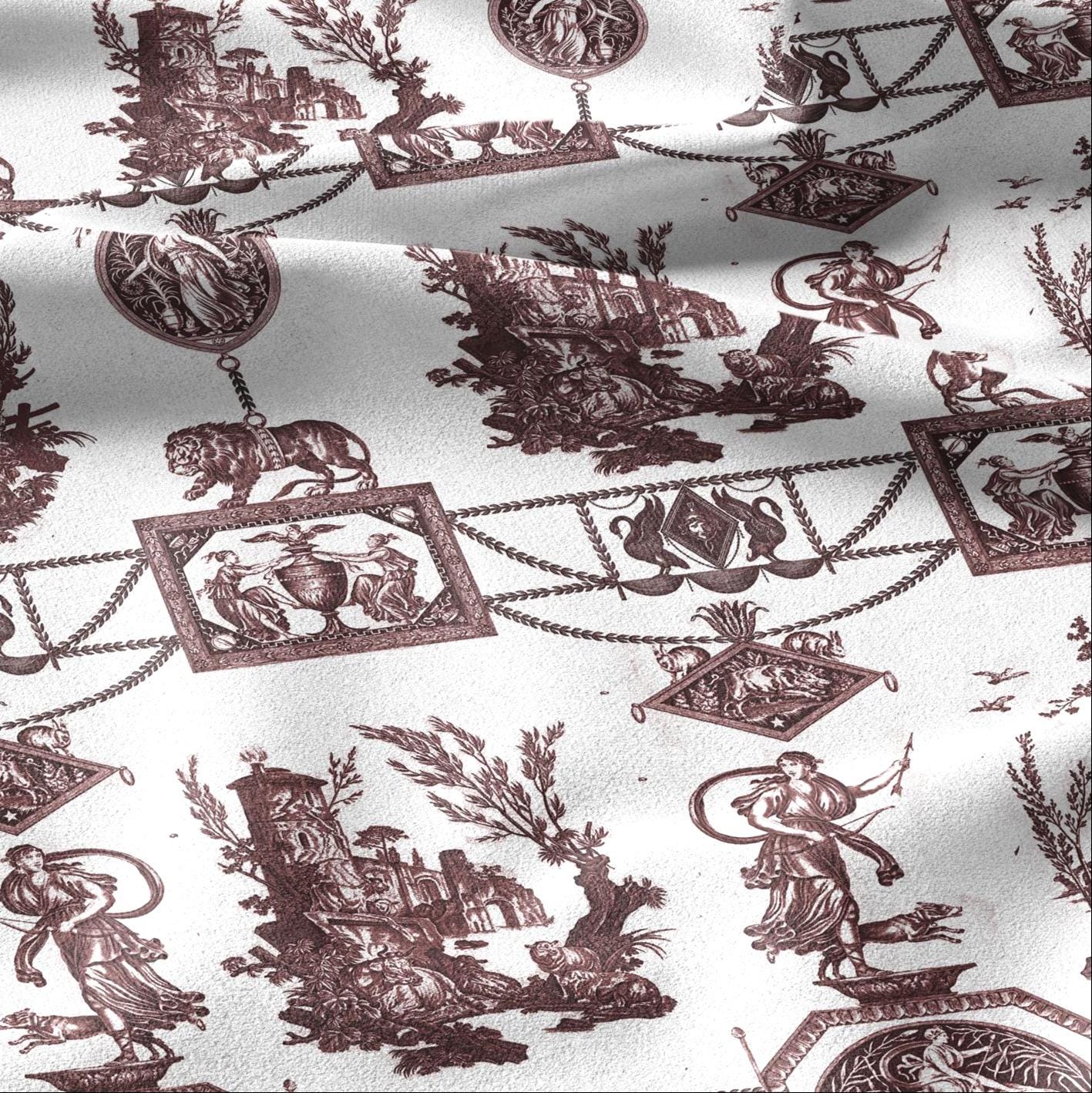 100% LINEN Fabric french red white print - Goddess Diana with Lion - toile de jouy - Diane chasseresse by Jean-Baptiste Huet 3419