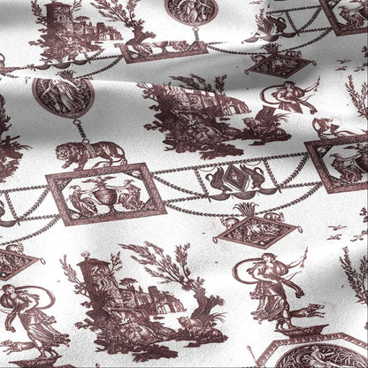 100% LINEN Fabric french red white print - Goddess Diana with Lion - toile de jouy - Diane chasseresse by Jean-Baptiste Huet 3419