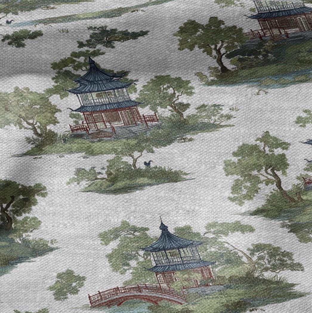 100% LINEN Fabric chinoiserie landscape - floral house print on oatmeal linen for home decor sewign dress clothing 2876