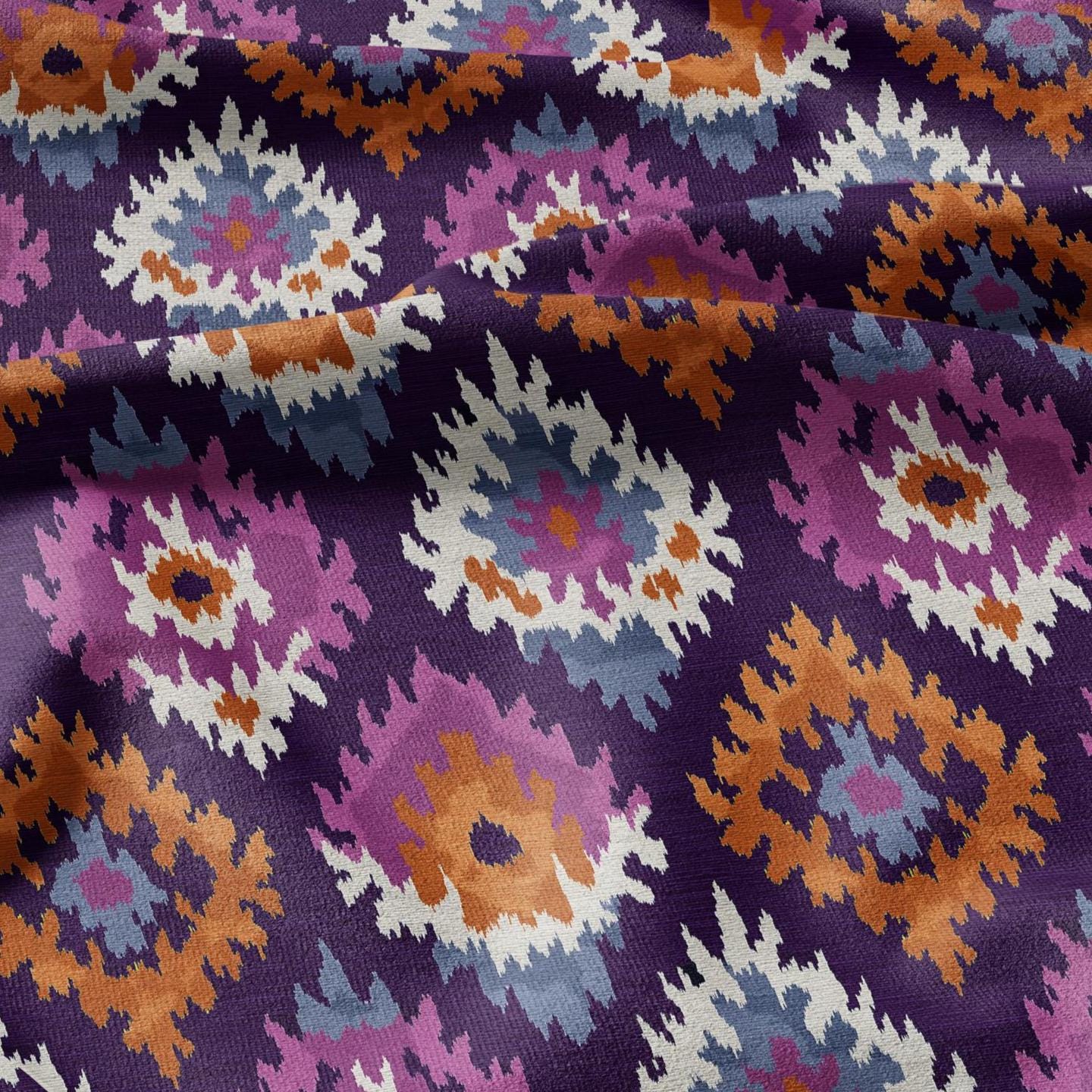 100% LINEN Fabric Abstract Ikat ethno print - Modern Purple beige - for upholstery home decor curtains pillows sewing dress 2987