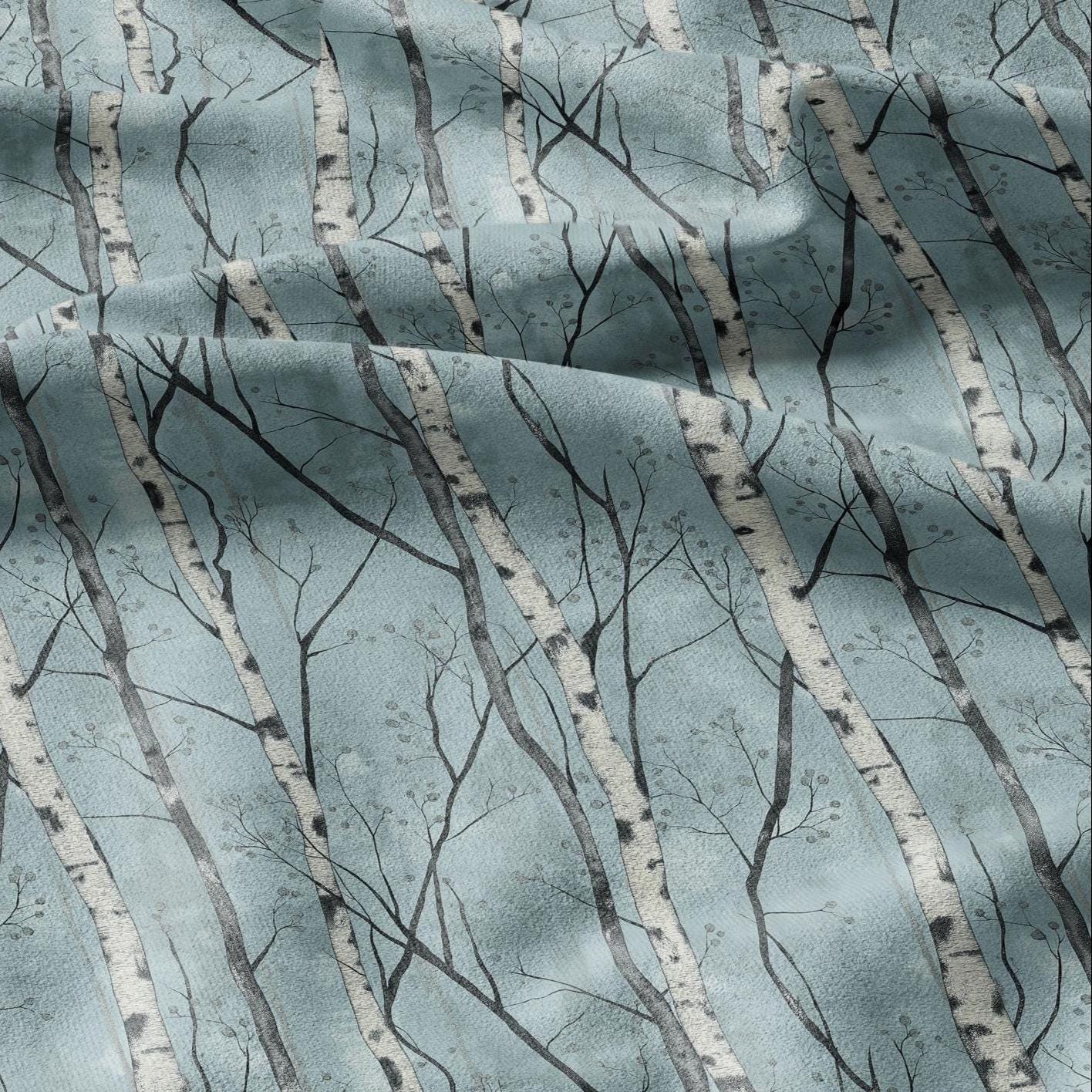 100% LINEN Fabric Brich tree print - Modern vintage blue lanscape forest  - upholstery curtains dress making 2382