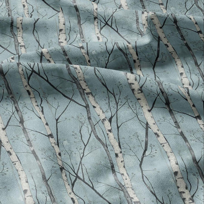100% LINEN Fabric Brich tree print - Modern vintage blue lanscape forest  - upholstery curtains dress making 2382