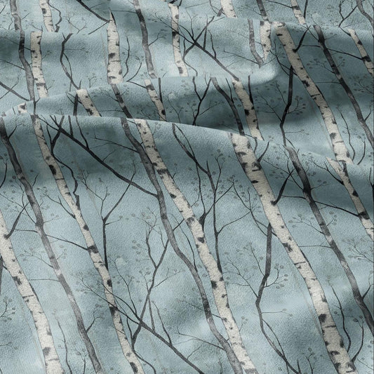100% LINEN Fabric Brich tree print - Modern vintage blue lanscape forest  - upholstery curtains dress making 2382