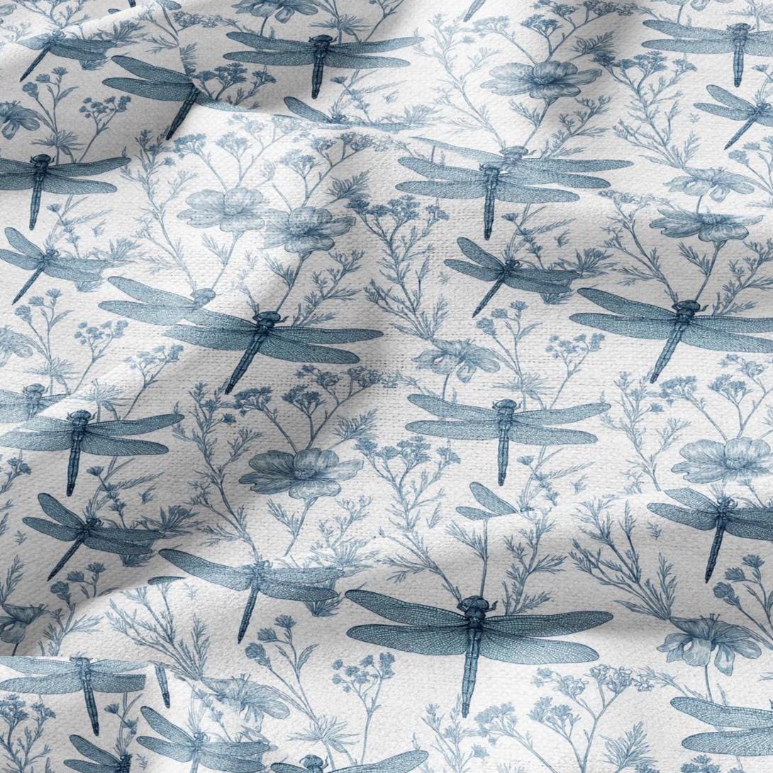 100% LINEN Fabric Dragonfly blue print  - floral upholstery home textile artisan fabrics blue white 3130