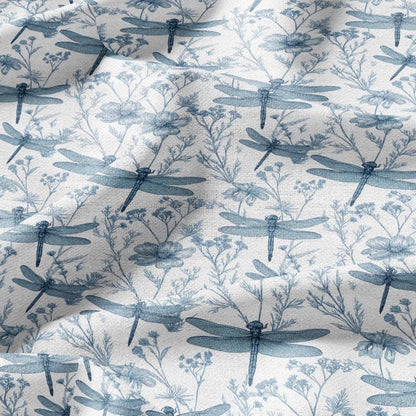 100% LINEN Fabric Dragonfly blue print  - floral upholstery home textile artisan fabrics blue white 3130