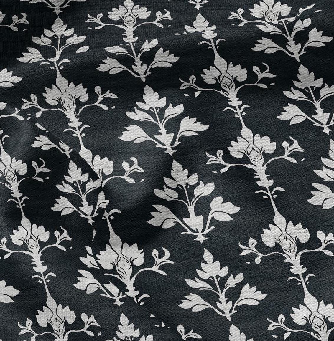 100% LINEN Fabric block print in dark blue - linen fabric with block floral print - linen fabric upholstery home decor dressmaking