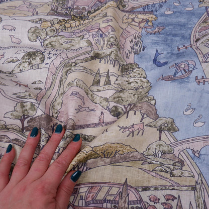 100% linen fabric - River Landscape Countryside - Victorian Art crafts - Historical pattern for upholstery dress making 2996