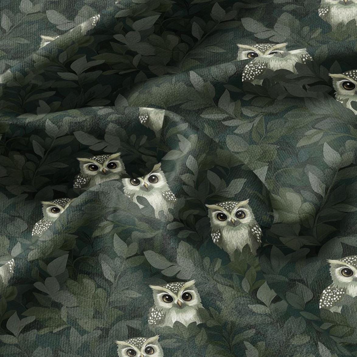 100% linen Greenery Owl Print fabric for Curtain Upholstery Cushion - Green Bird forest - for dress making sewing 2210