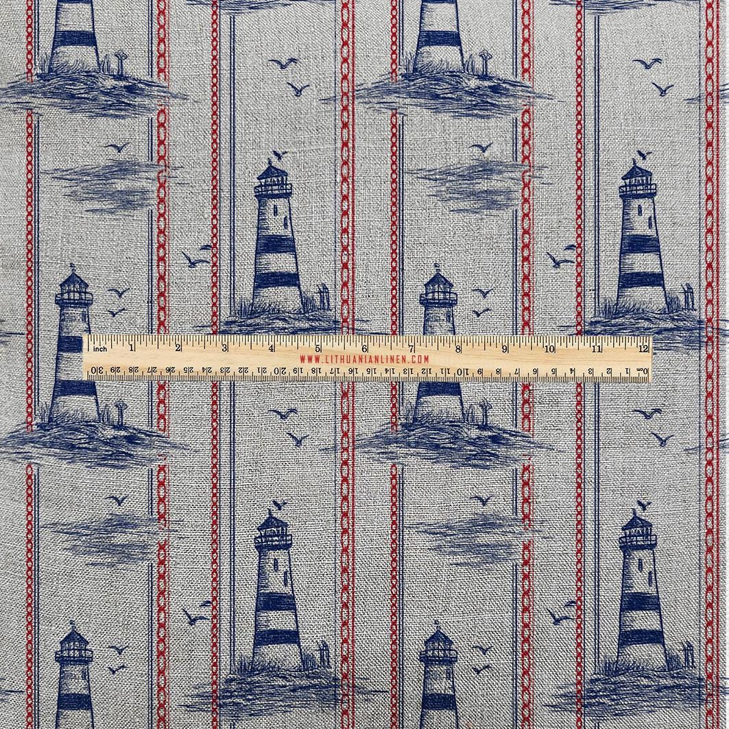 100% LINEN Fabric UPHOLSTERY 12oz - lighthouse blue red print on linen - Modern vintage Victorian coastal marine upholstery 2777