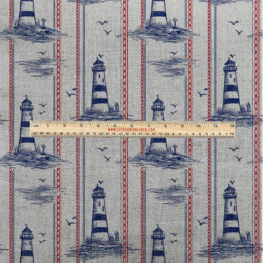 100% LINEN Fabric UPHOLSTERY 12oz - lighthouse blue red print on linen - Modern vintage Victorian coastal marine upholstery 2777