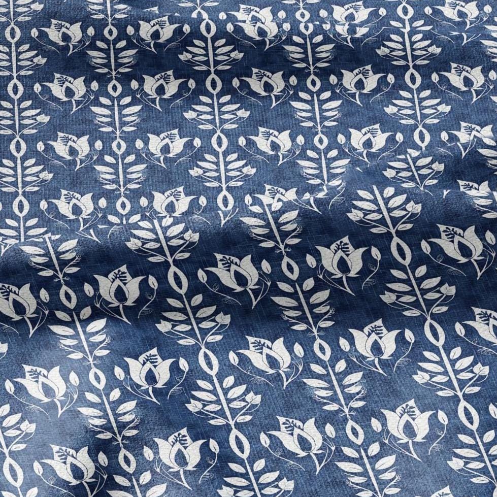 100% LINEN Fabric stripe Tulips floral print linen - blue linen botanical fabric for upholstery home decor dress making