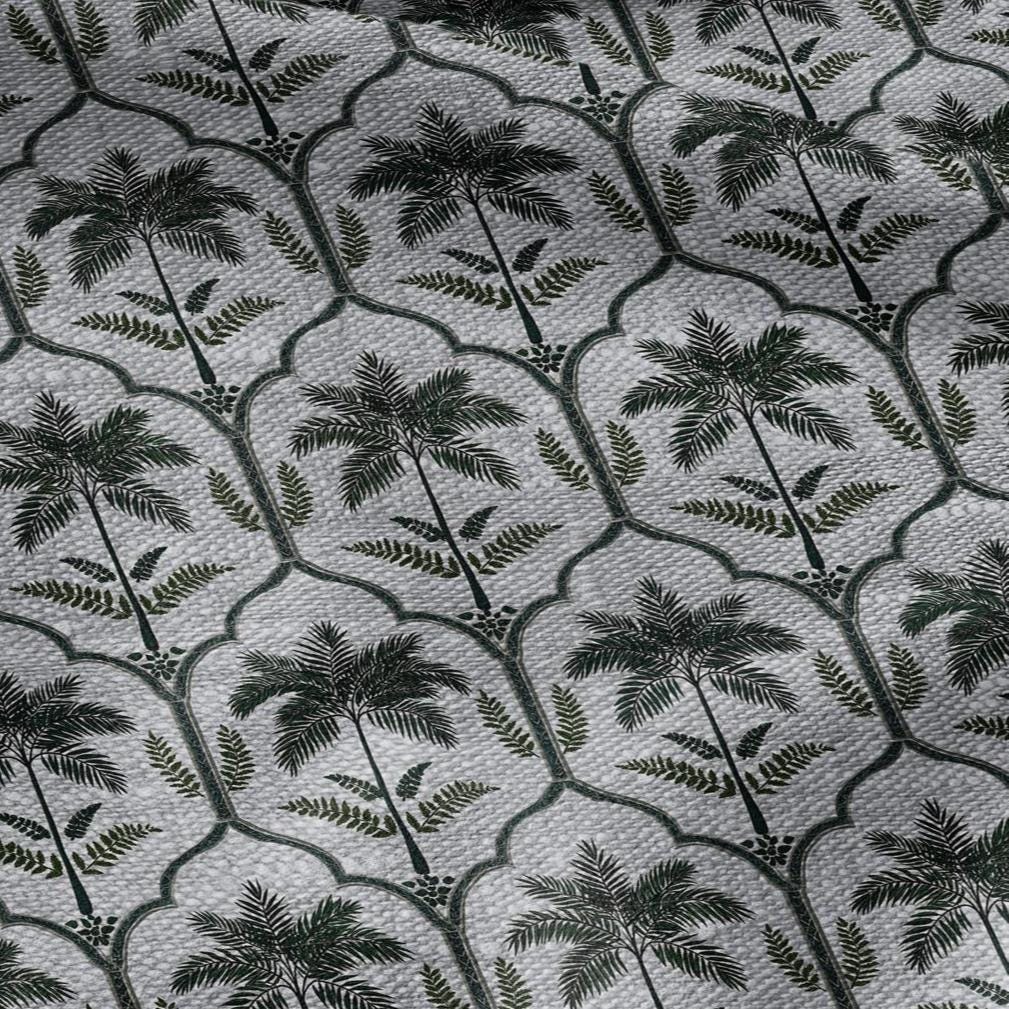 100% LINEN Fabric  Deco Palm green print - oatmeal linen fabric with botanical print - heavy for home decor clothing 3347