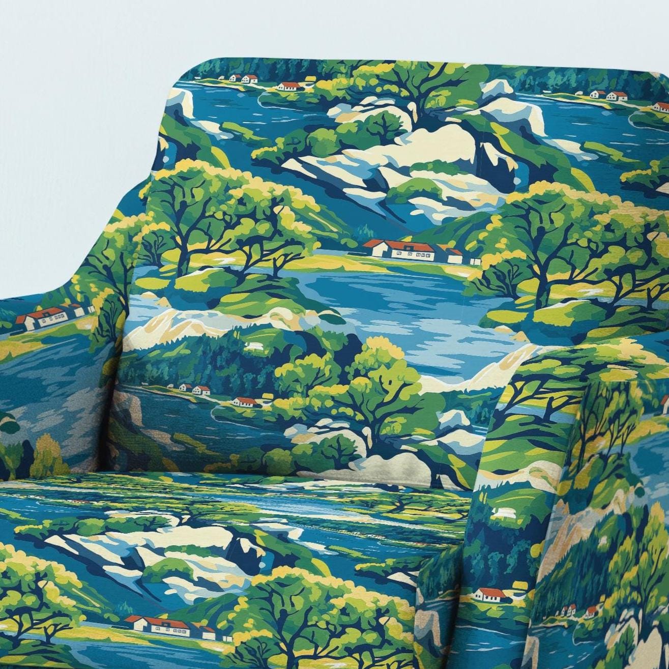 100% LINEN Fabric UPHOLSTERY 12oz - Swedish Archipelago blue green print on linen - Island scenery landscape upholstery 2082