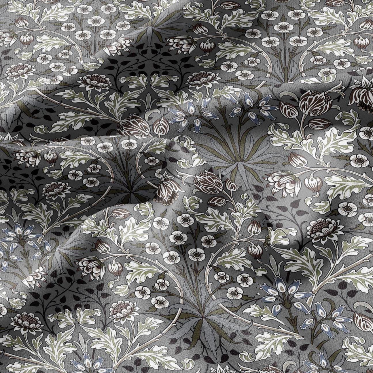 100% LINEN Fabric William Morris hyacinth grey print - Modern vintage botanical - Victorian Art Craft gray 3151