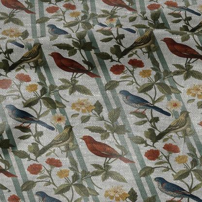 100% LINEN Fabric print Birds print - floral botanical Mid-century  print - heavy for home decor clothing 2745