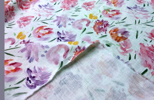 100% linen fabric Medium weight 150gsm  Prewashed . Print watercolor flower . for blouses, dresses, curtains, scarves,