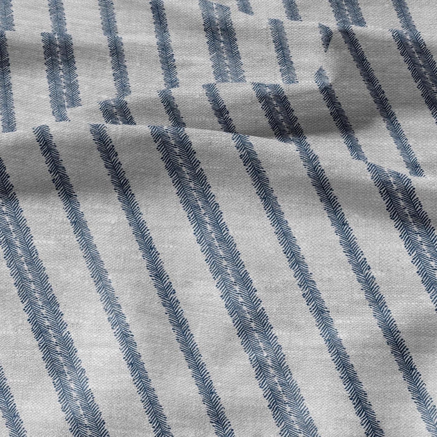100% LINEN Fabric block print stripe floral blue green on grey - oatmeal linen fabric with botanical print for upholstery home decor 3089