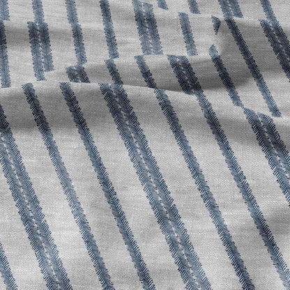 100% LINEN Fabric block print stripe floral blue green on grey - oatmeal linen fabric with botanical print for upholstery home decor 3089