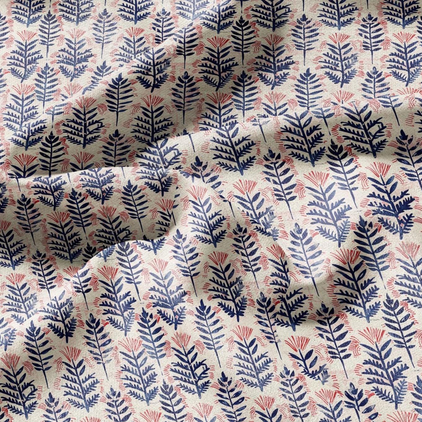 100% LINEN Fabric oriental print - Boho pink blue floral block print - upholstery home decor clothing  sewing 2391