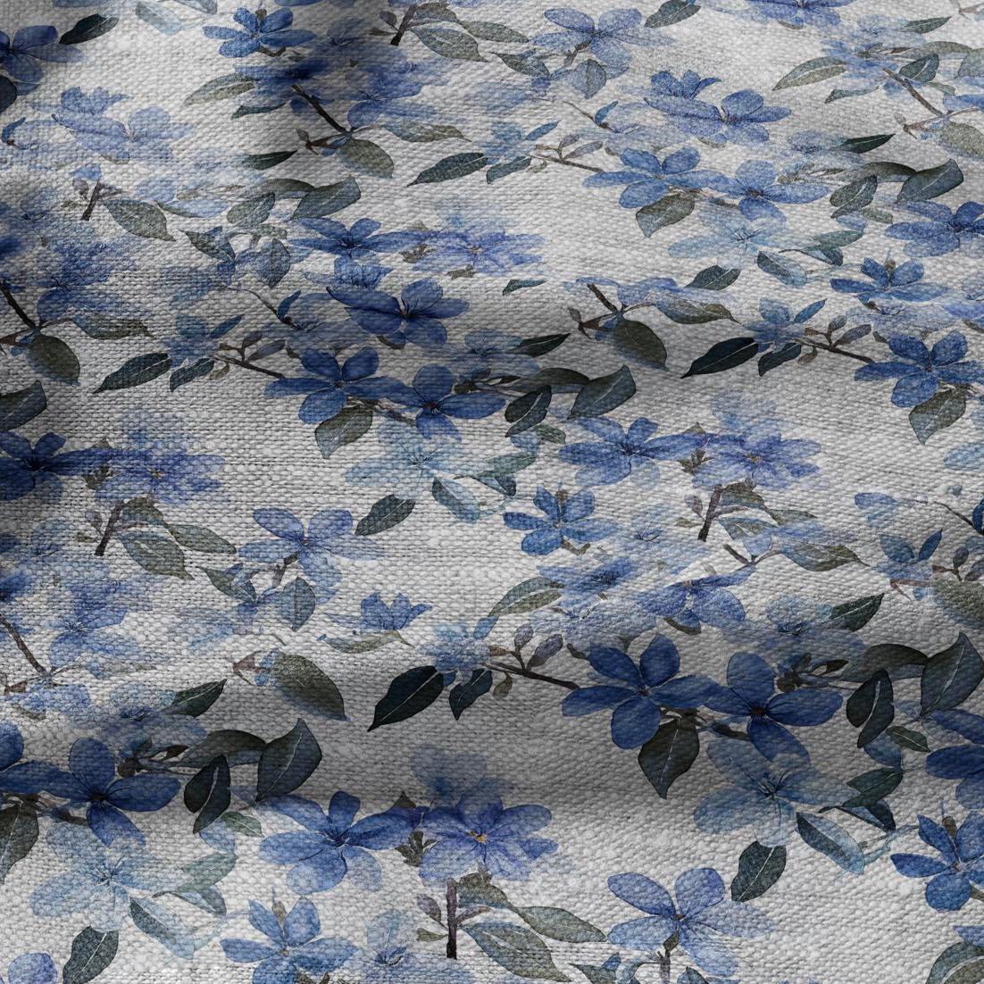 100% LINEN Fabric floral blue blossom print on oatmeal linen - blue gray heavy fabric for upholstery - medium weight linen dress making